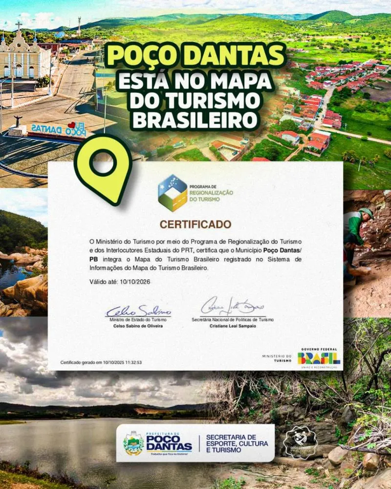 Poço Dantas é destaque e município é incluído no Mapa do Turismo Brasileiro
