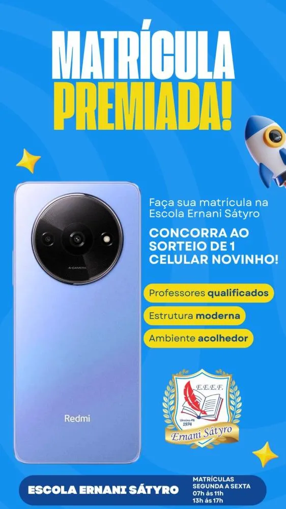 Escola Ernani Sátyro promove “Matrícula Premiada” e vai sortear celular entre alunos matriculados