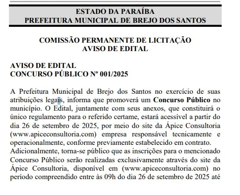 Prefeitura de Brejo dos Santos irá realizar concurso público; saiba quando edital será divulgado